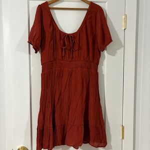 Love Delirious Rust Orange Textured Smocked Waist Tie Neck Mini Dress 2X‎